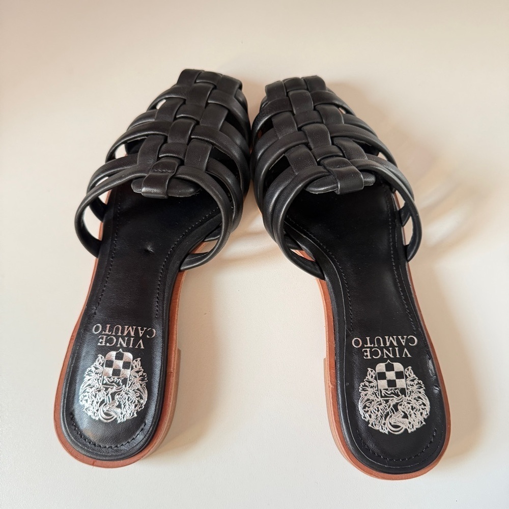 Vince Camuto Cresetia Black Leather Woven Slip-On Sandals Block Heel - Picture 4 of 7